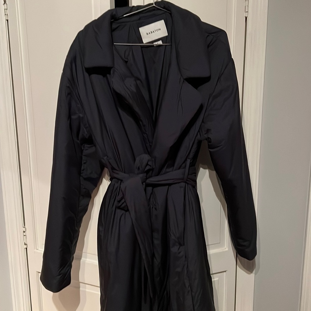 Babaton full length nylon puffer jacket with belt